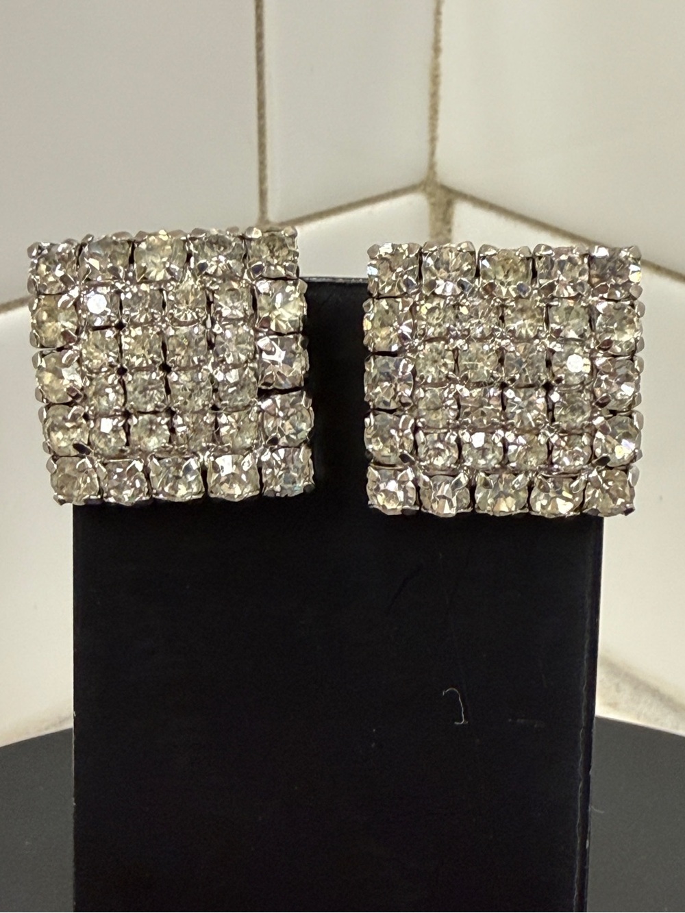 Albert Weiss Silver-Tone Square Rhinestone Clip Earrings